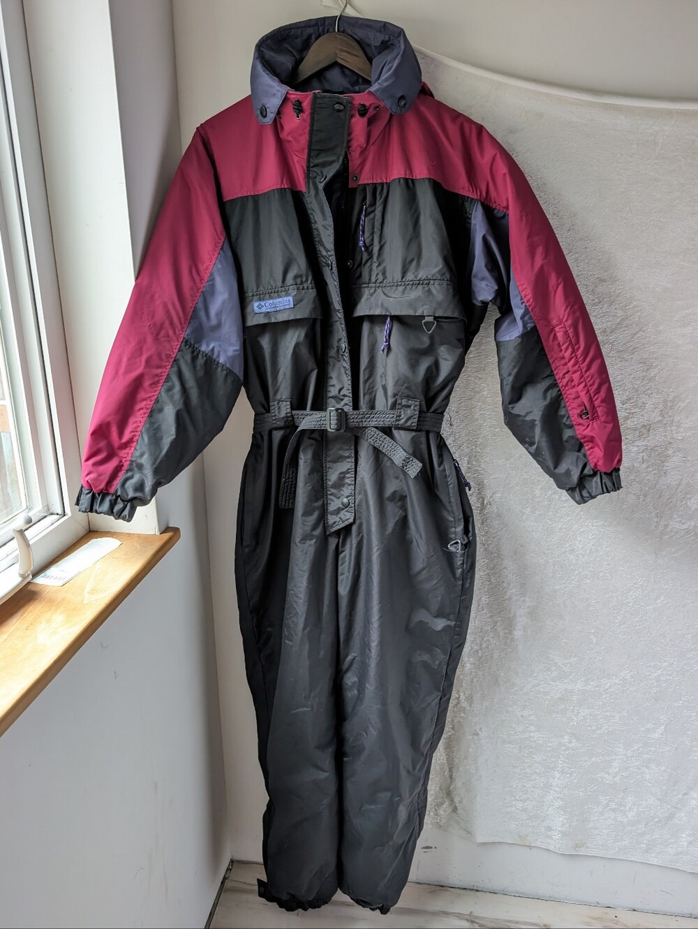 Vtg 80's Columbia Snowsuit Ski Hooded Pink Purple Nylon Insulated Zip Leg
